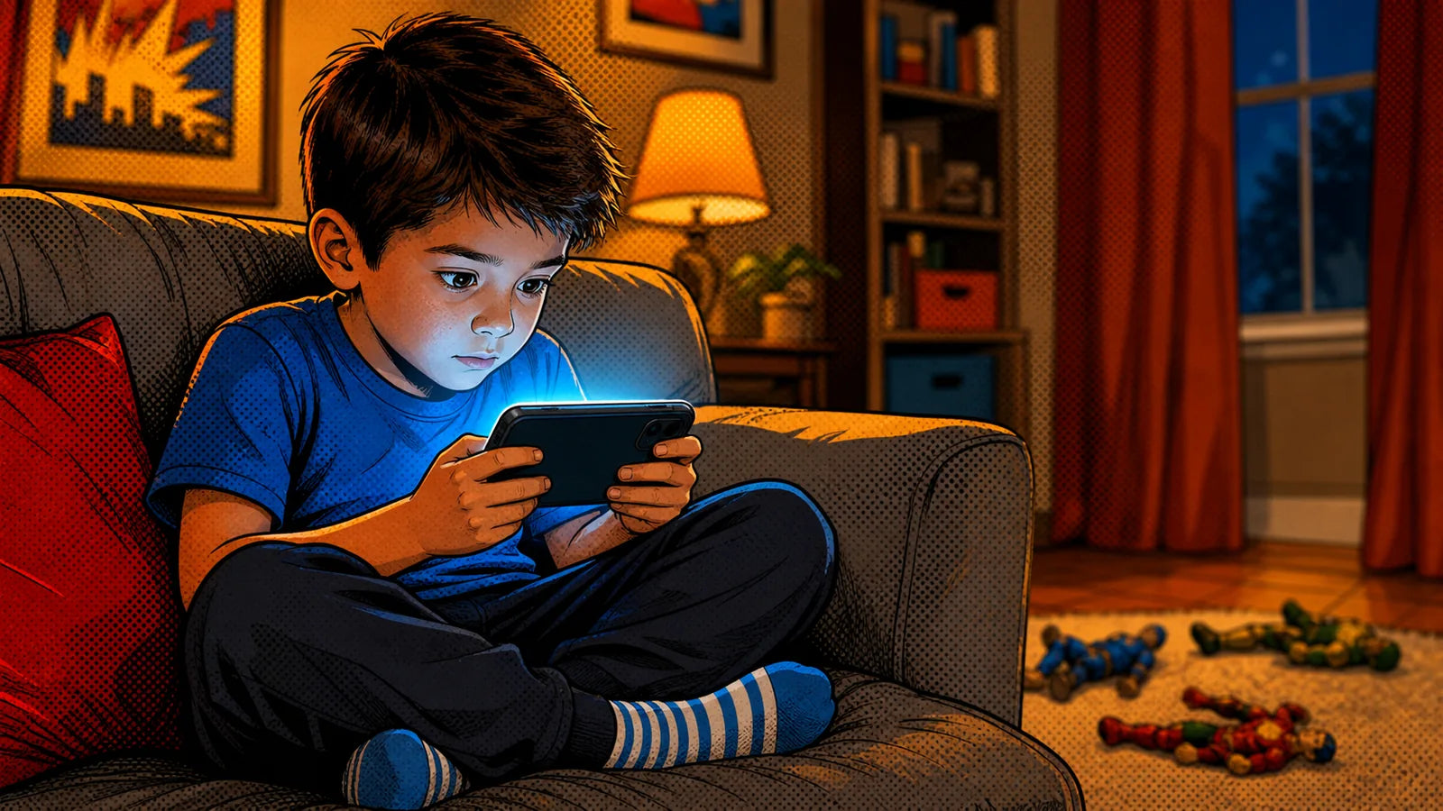 Niño con la mirada vacía hipnotizado frente a la pantalla del celular